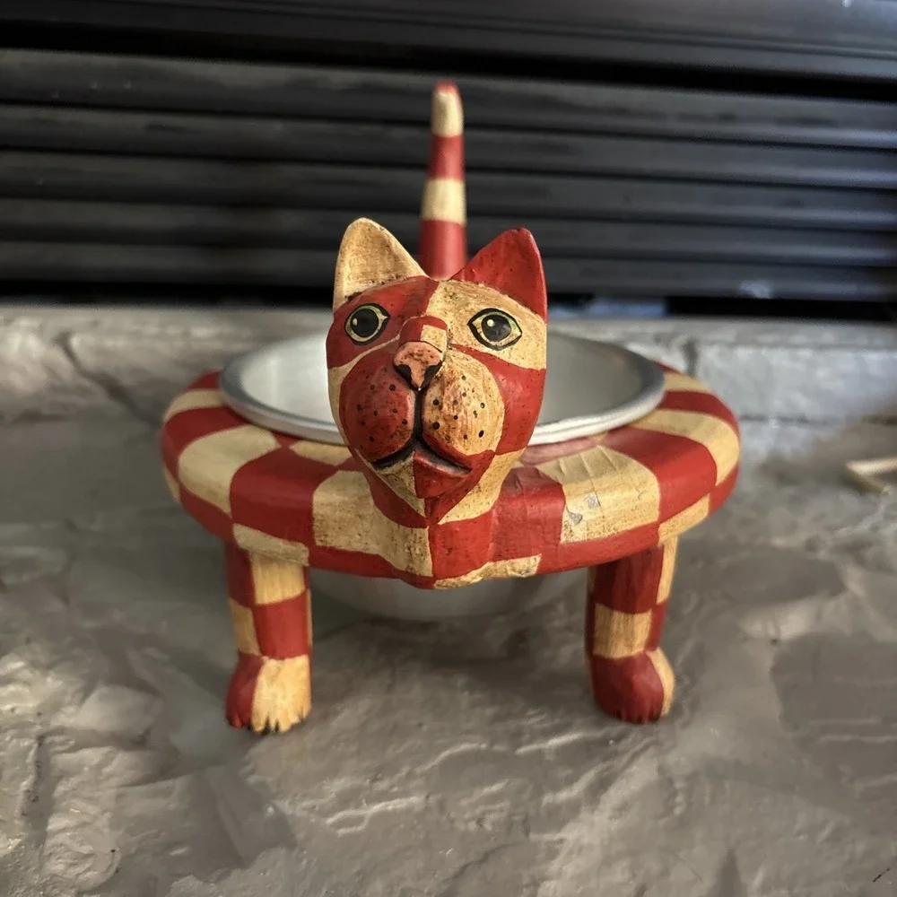 Whimsical Hand Painted Carved Cat Food Holder Dish Bowl